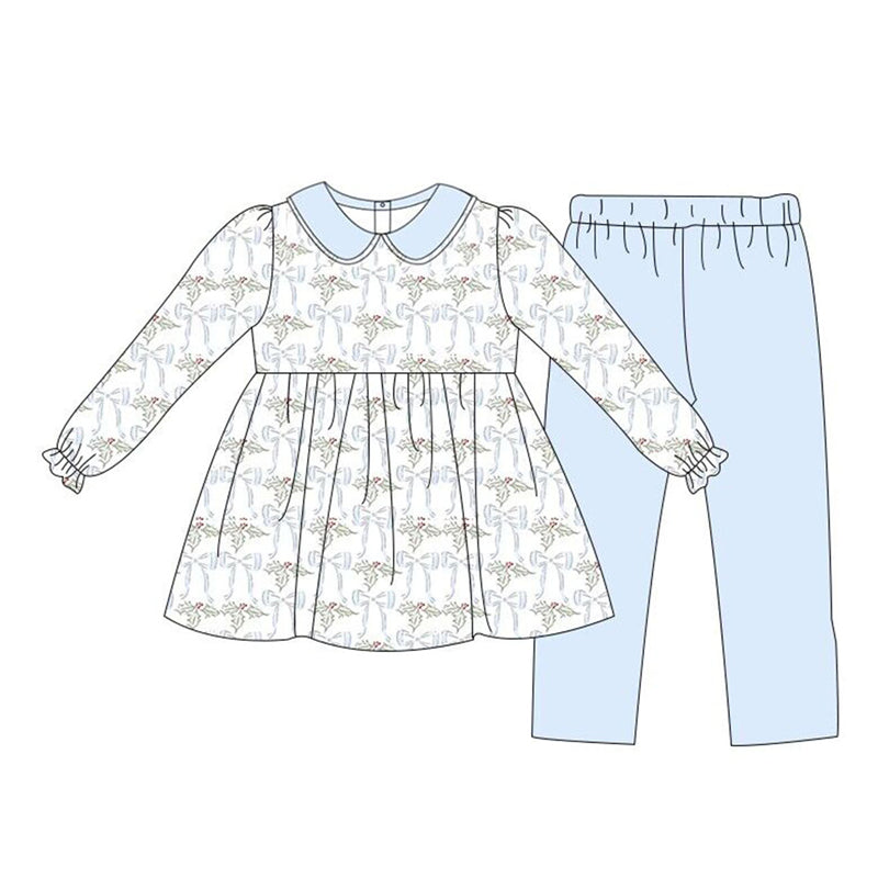 Pre-order Baby Girl Christmas Bows Tops Blue Cotton Pants Set