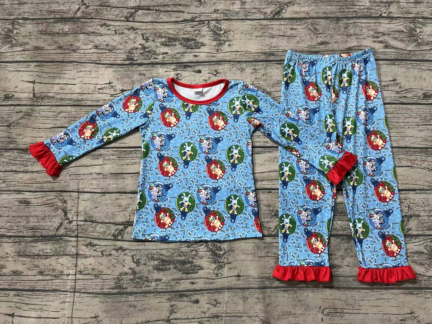 Baby Girl Long Sleeves Christmas Dog Blue Shirt Pants Pajamas Set