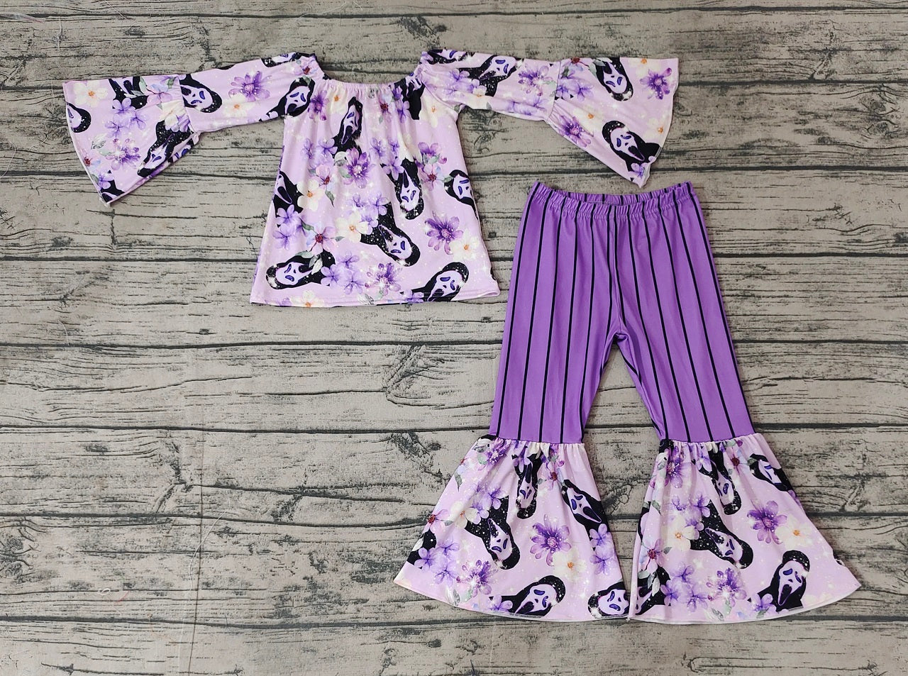 Baby Girl Long Sleeves Halloween Ghost Shirt Purple Bell Pants Set