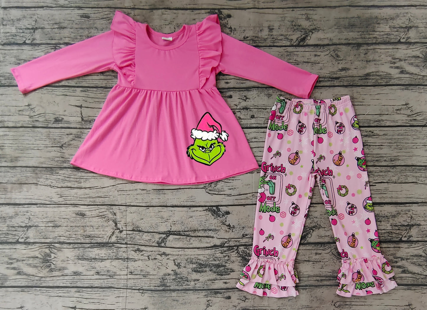 Baby Girl Christmas Pink Embroidery Frog Tunic Ruffle Pants Set