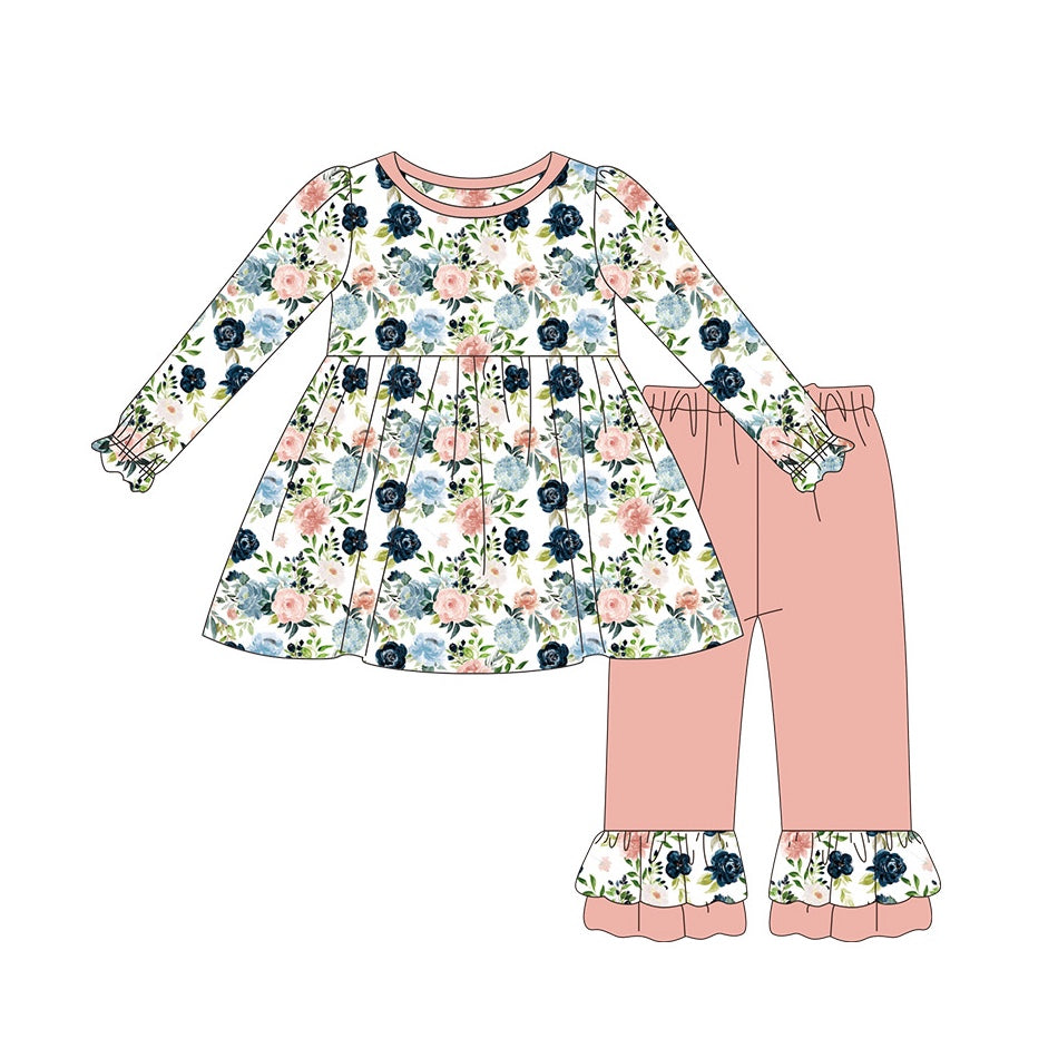 Pre-order Baby Girls Flower Tunic Ruffle Pink Pants Fall Set