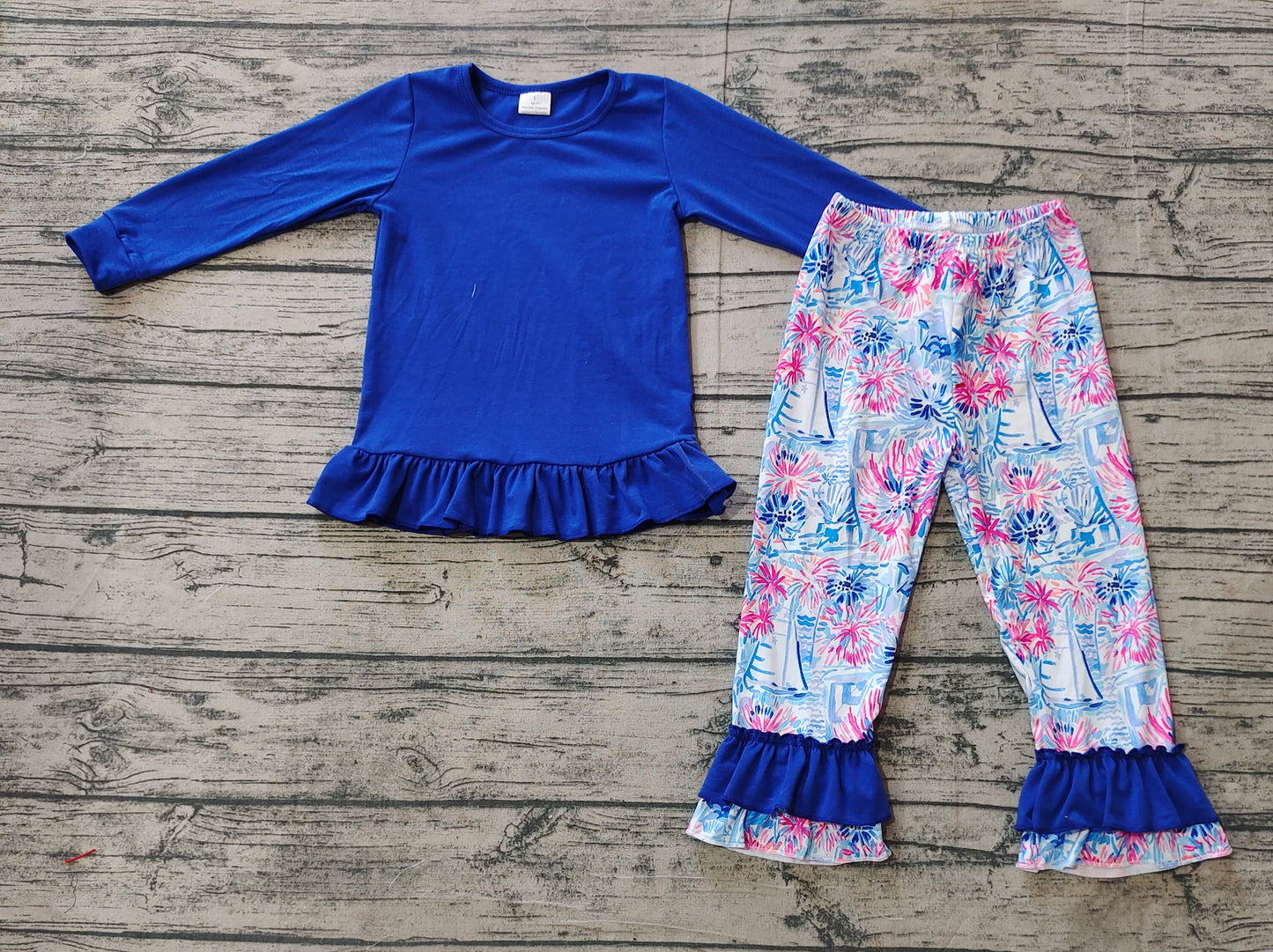 Baby Girl Blue Cotton Shirt Seaweed Boats Pants Set