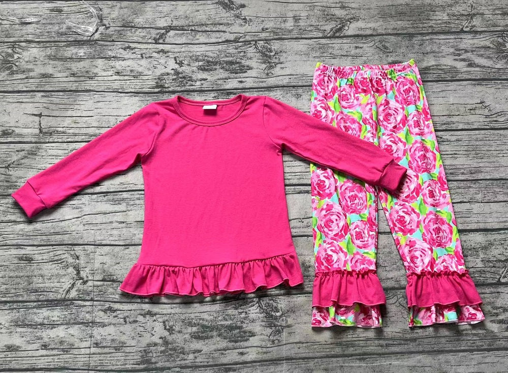 Baby Girl Long Sleeves Pink Cotton Tops Flower Pants Set