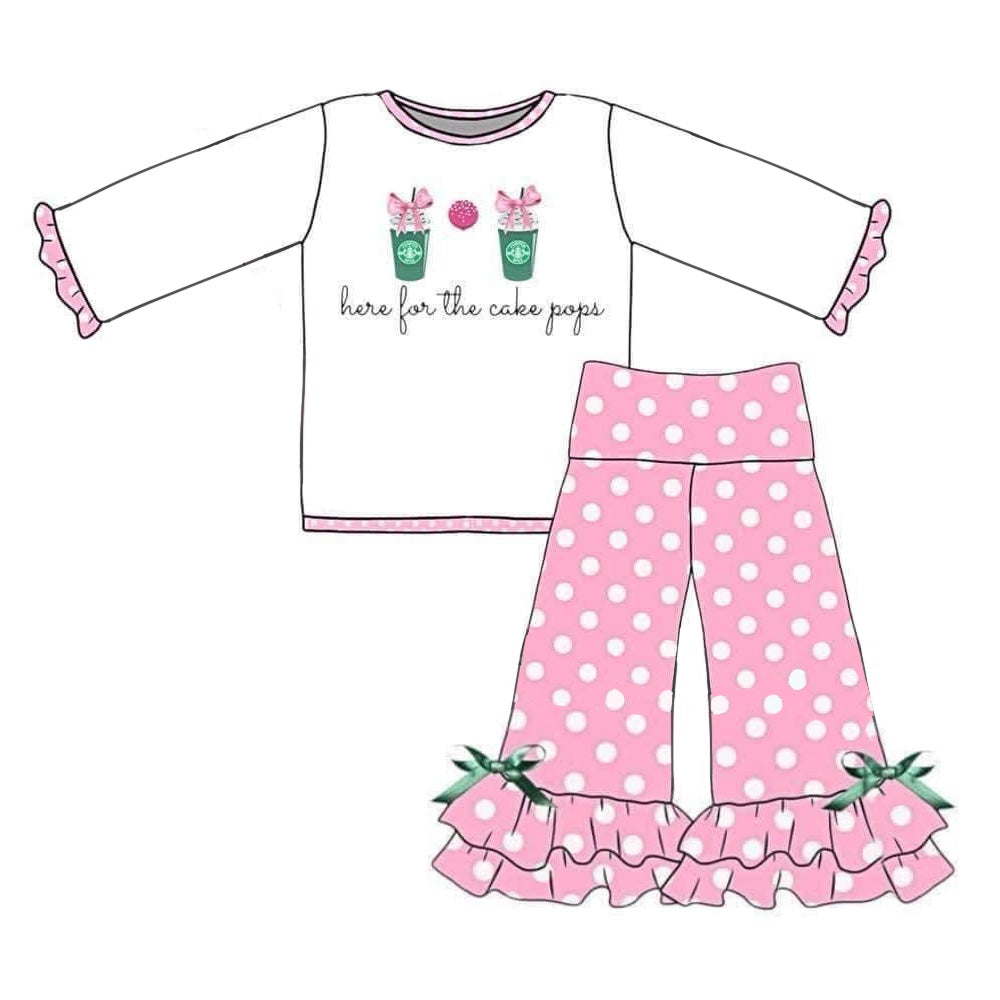 Pre-order Baby Girl Long Sleeves White Coffee Shirt Pink Dots Pants Set