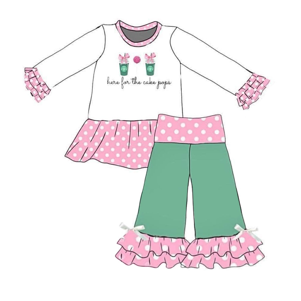 Pre-order Baby Girl Long Sleeves Coffee Dots Tops Pink Green Pants Set