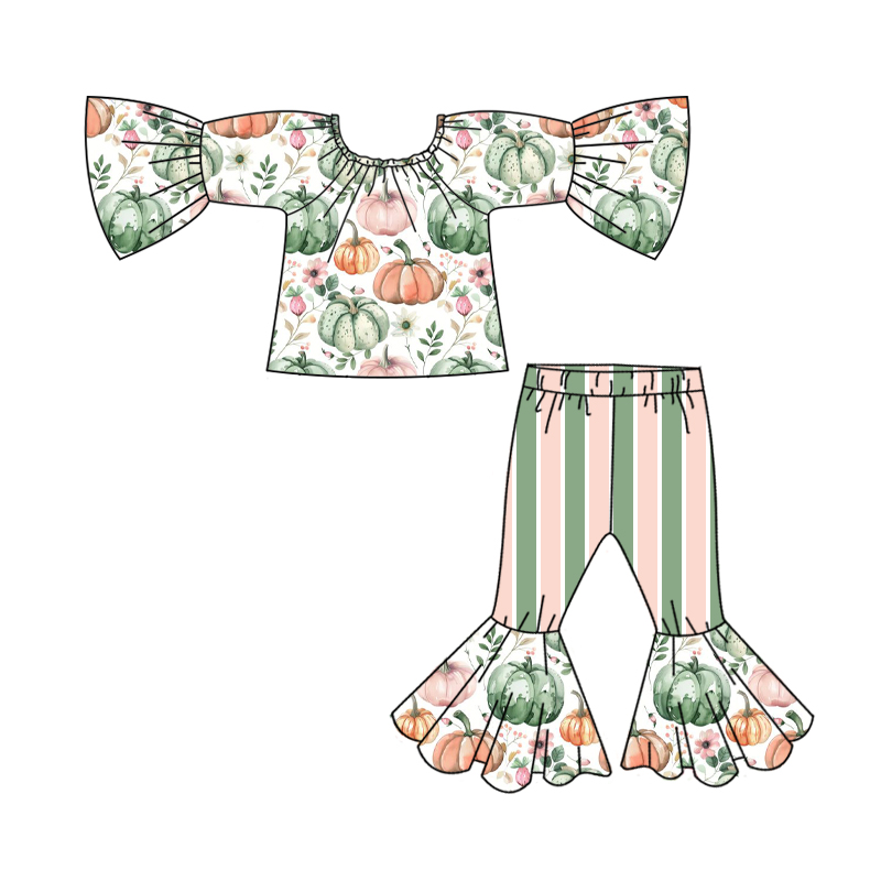 Pre-order Baby Girl Fall Green Punpkins Tops Stripes Bell Pants Set