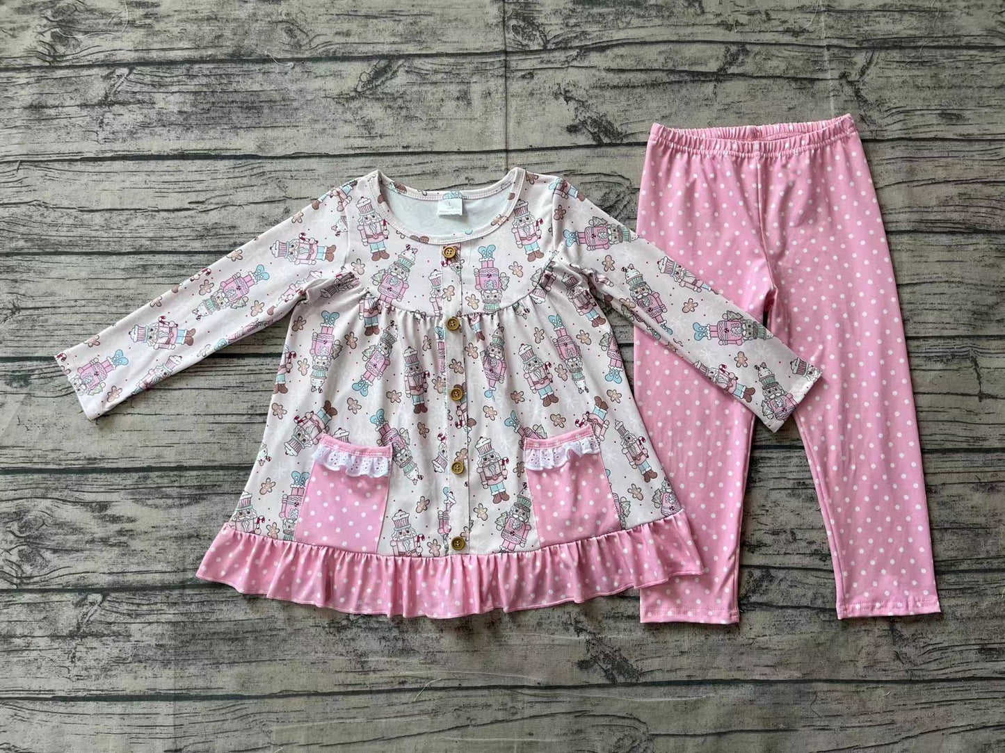 Baby Girl Long Sleeves Christmas Soldier Tunic Pink Cotton Pants Set