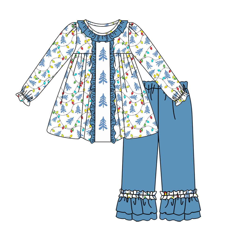 Pre-order Baby Girl Christmas Tree Lights Tunic Blue Ruffle Pants Set