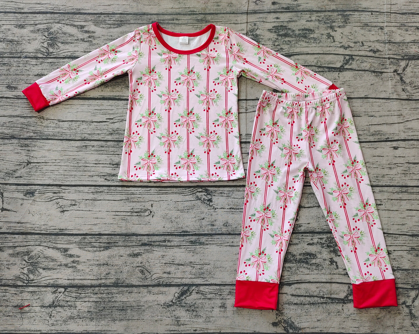 Baby Girl Long Sleeves Christmas Bows Shirt Pants Pajamas Pink Bamboo Set