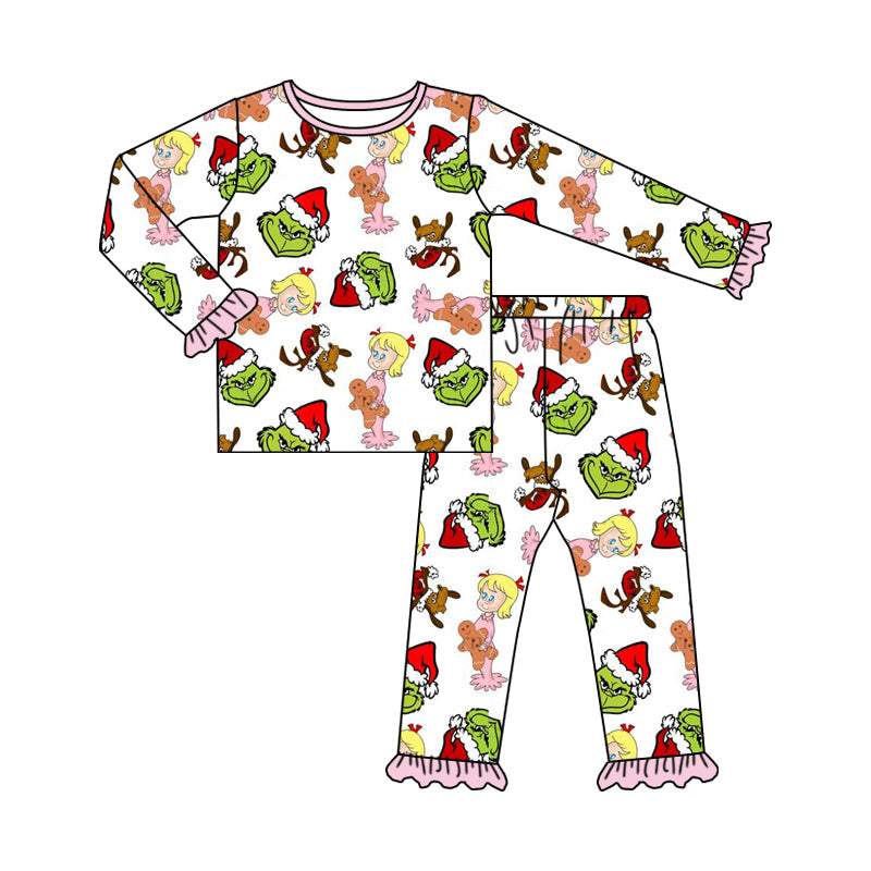Pre-order Baby Girl Christmas Green Face Shirt Pants Pajamas Set