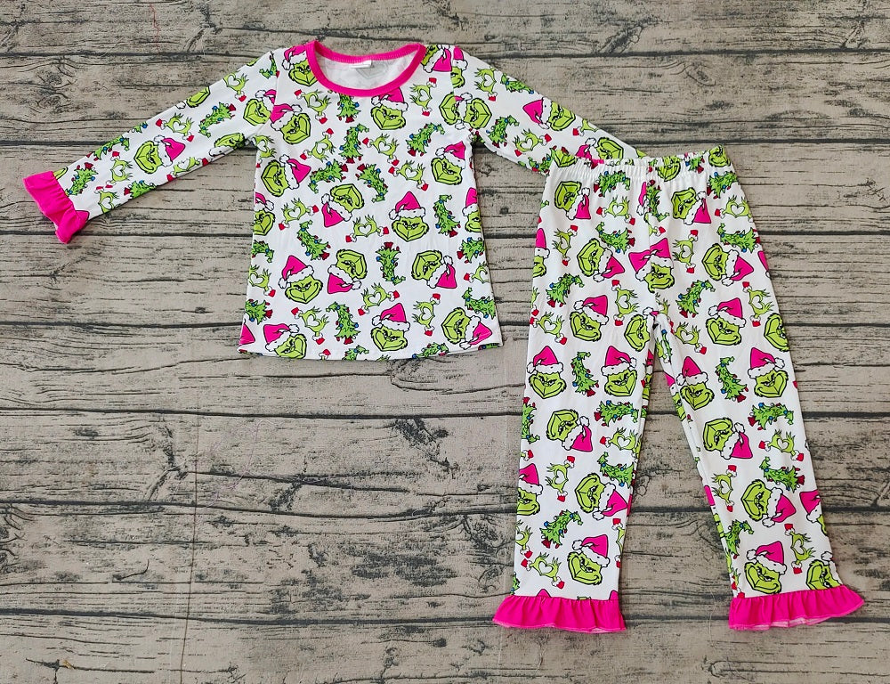 Baby Girl Christmas Green Face Hearts Shirt Pants Pajamas Set