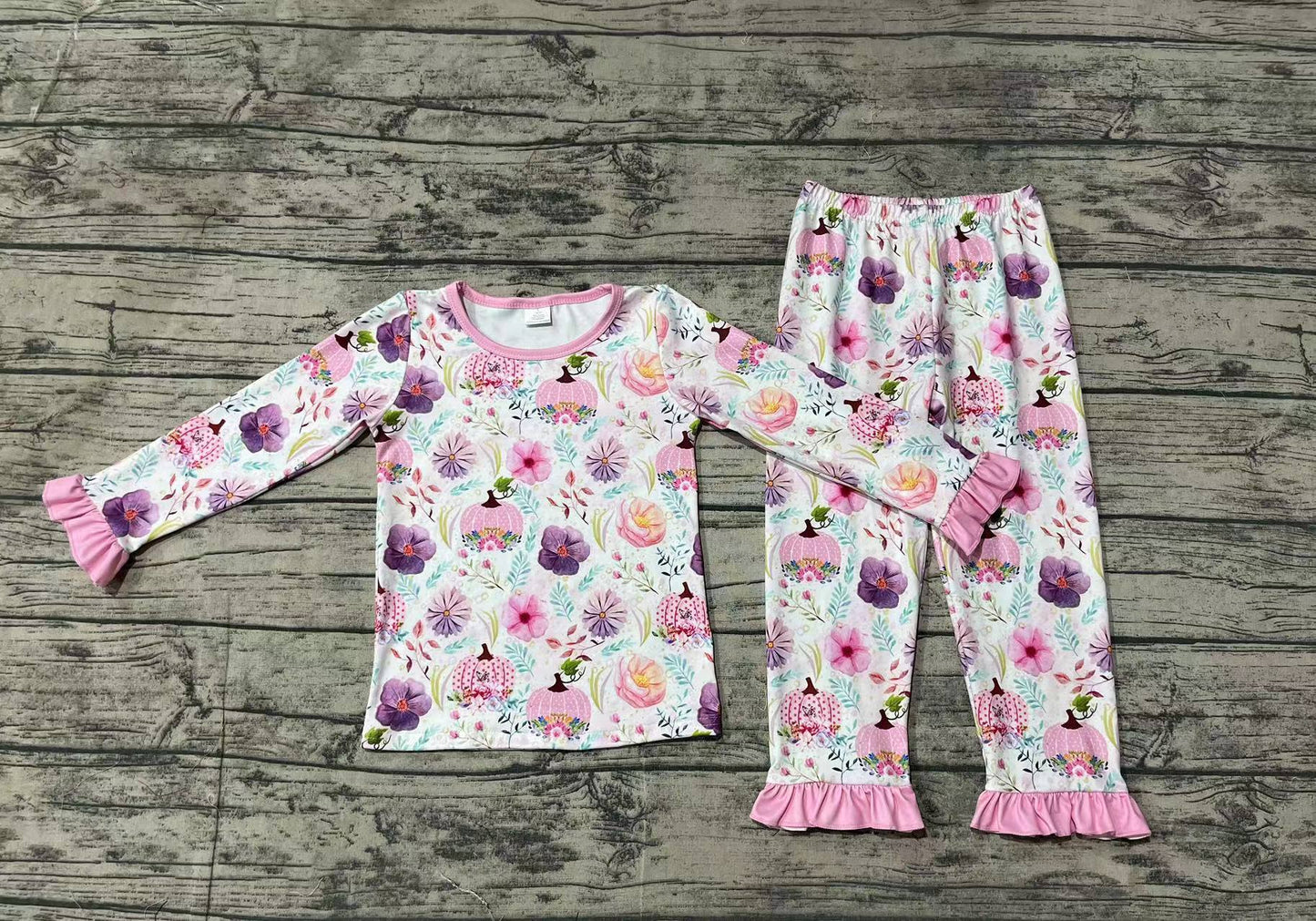 Baby Girl Kids Long Sleeves Pink Pumpkin Flower Shirt Pants Pajamas Fall Bamboo Set