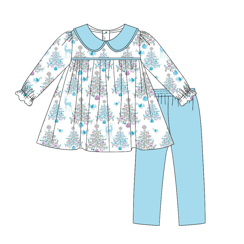 Pre-order Baby Girl Long Sleeves Christmas Trees Tunic Blue Pants Set
