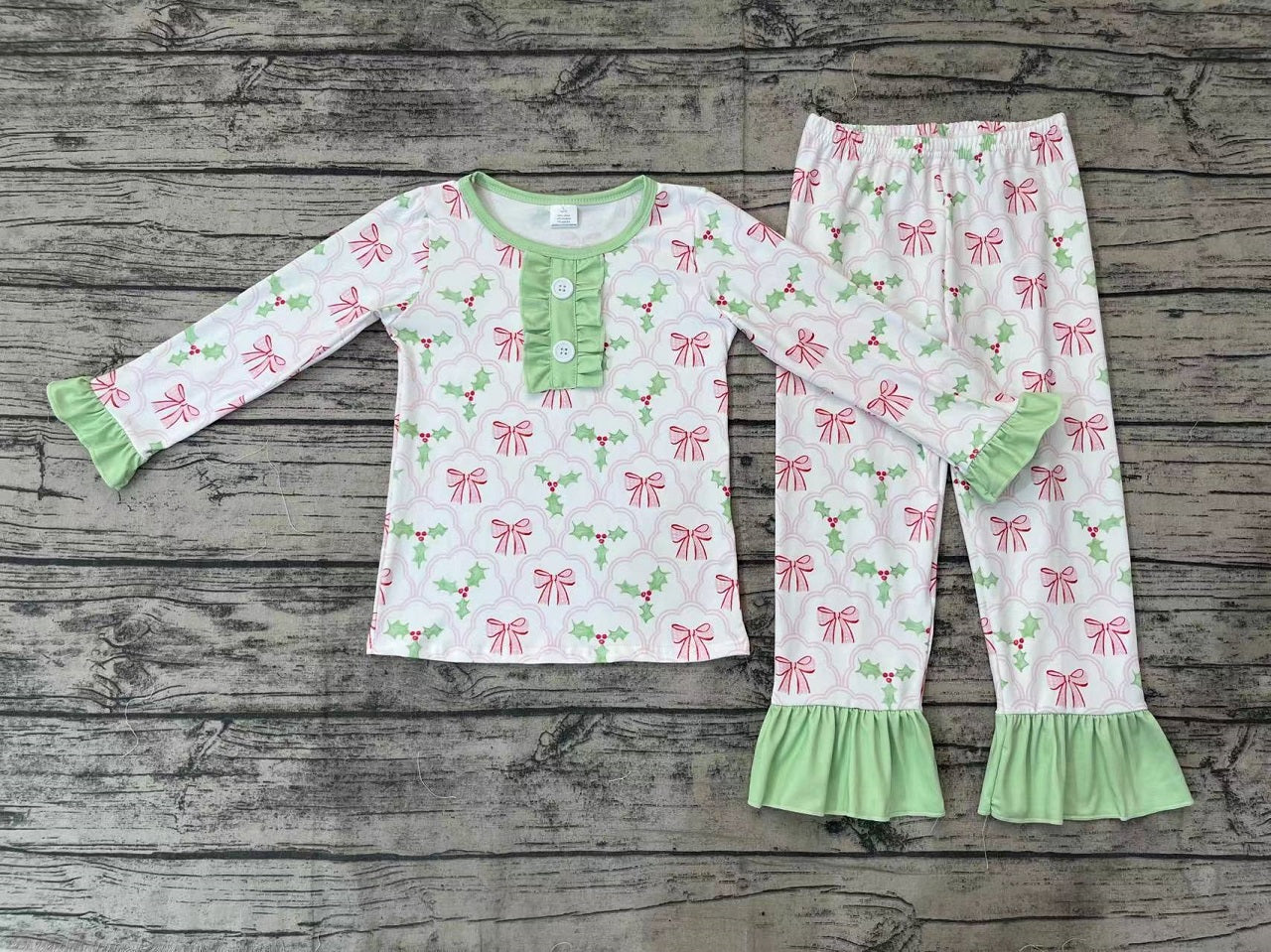 Baby Girl Long Sleeves Christmas Bows Holly Shirt Pants Pajamas Bamboo Set