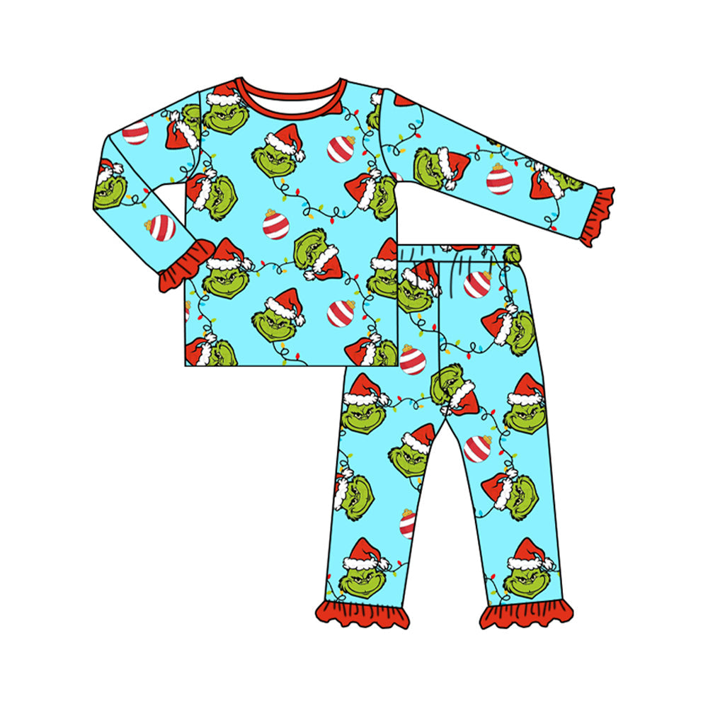 Pre-order Baby Girl Christmas Green Face Top Pants Pajamas Set