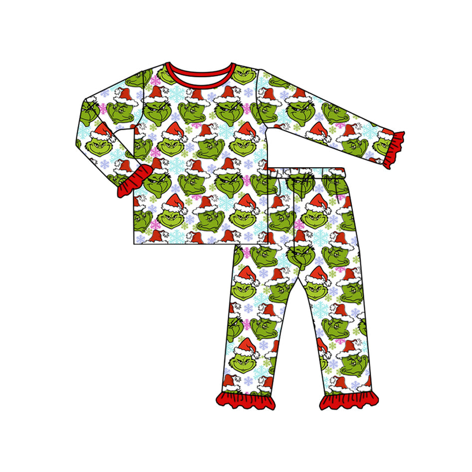 Pre-order Baby Girl Christmas Green Face Snowflakes Shirt Pants Pajamas Set