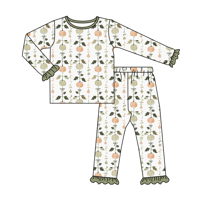 Pre-order Baby Girl Fall Green Pumpkin Shirt Pants Pajamas Outfit Set