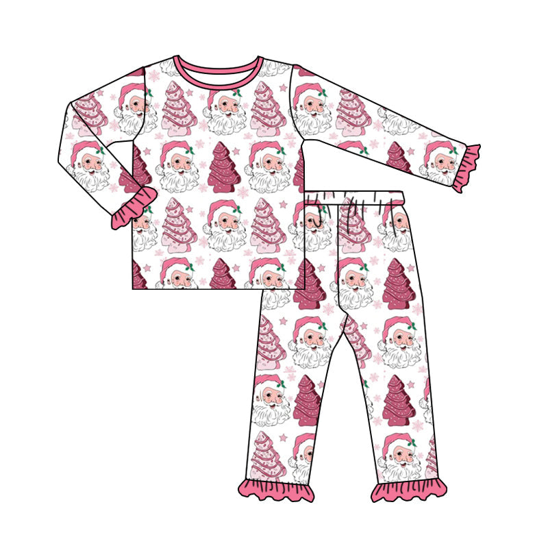 Pre-order Baby Girls Christmas Pink Santa Trees Shirt Pants Pajamas Outfit Set