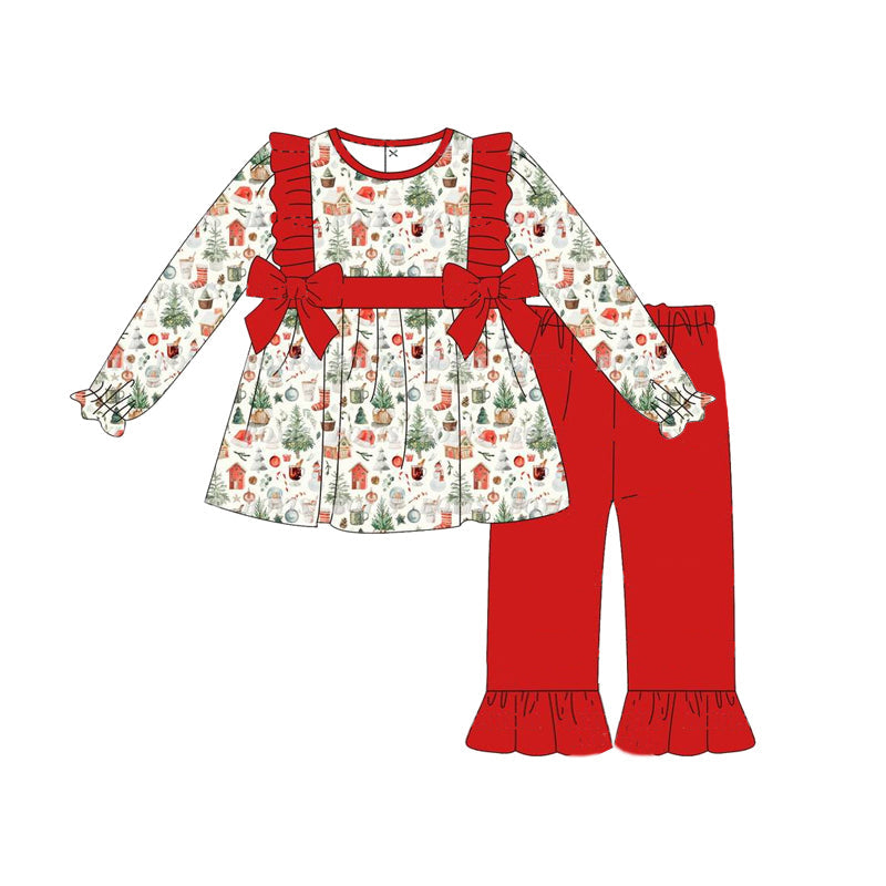 Pre-order Baby Girl Christmas House Bows Tunic Red Pants Clothes Set