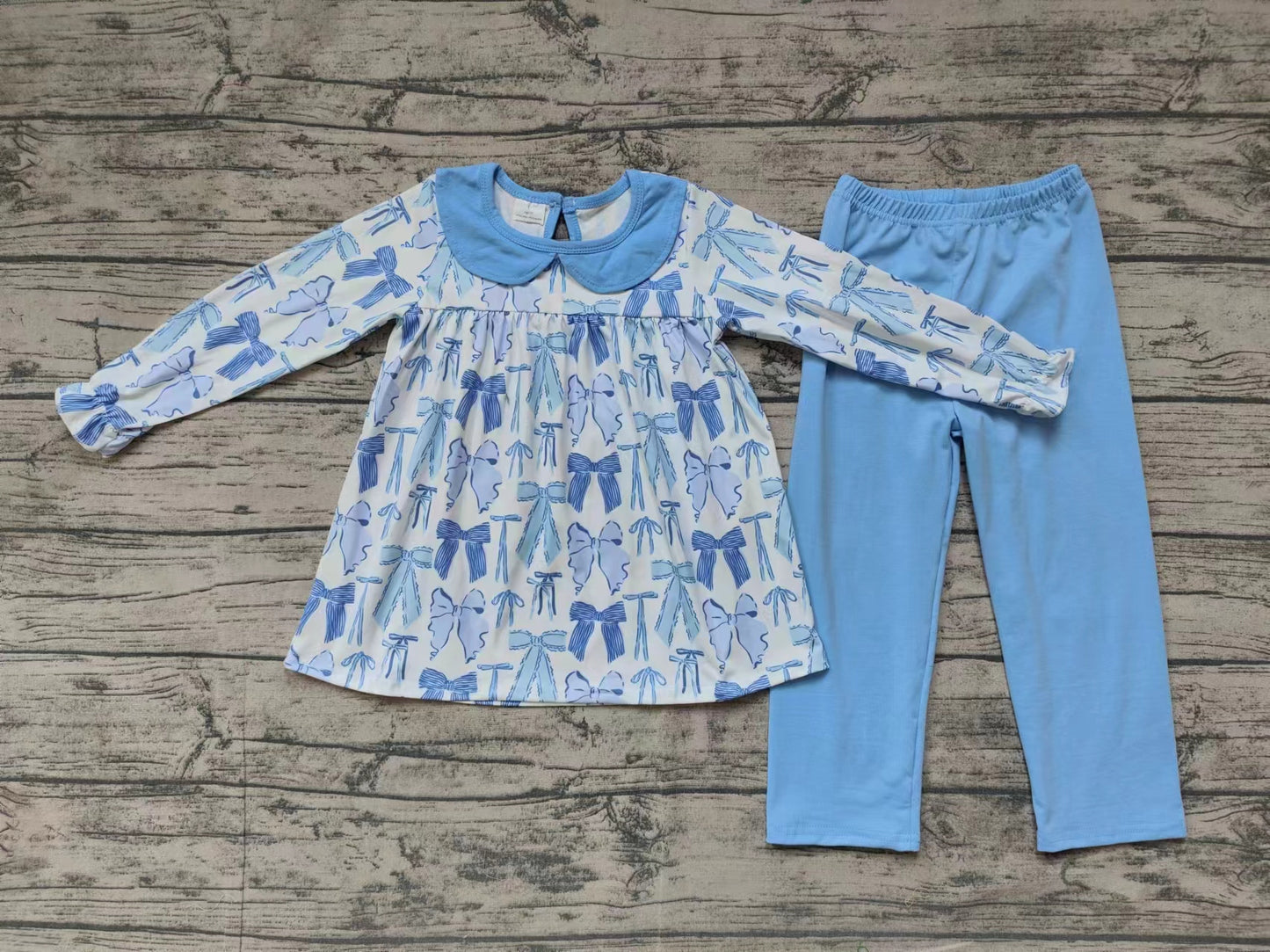 Baby Girl Long Sleeves Bows Tunic Blue Legging Pants Set