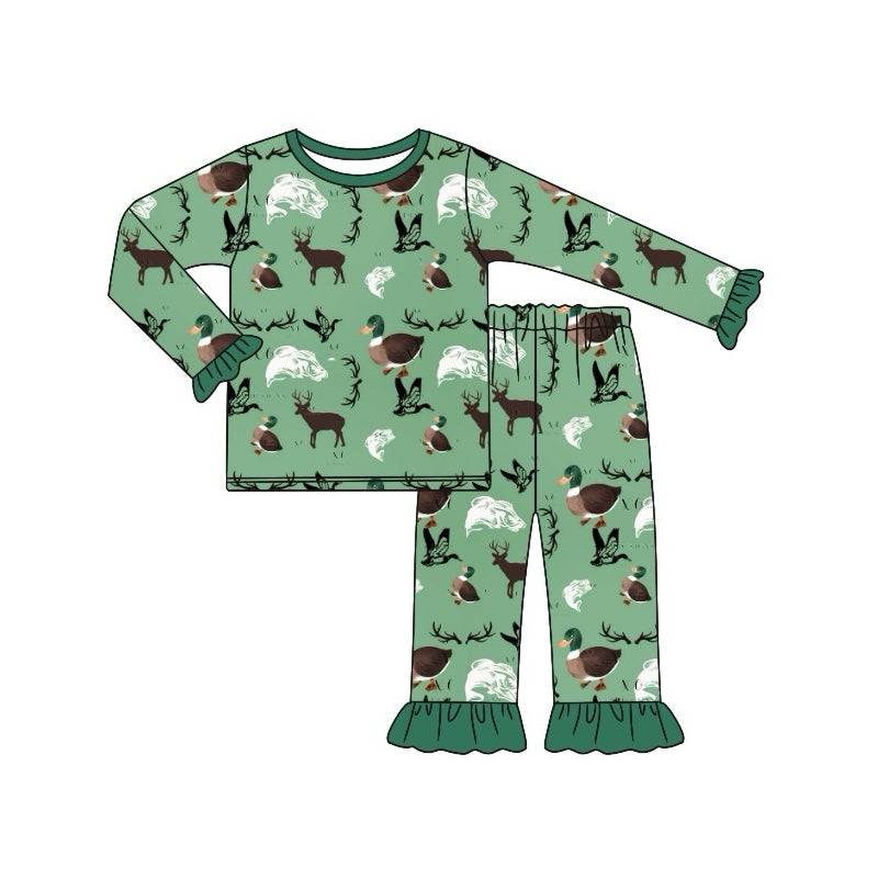 Pre-order Baby Girl Ducks Deer Hunting Green Shirt Pants Pajamas Set