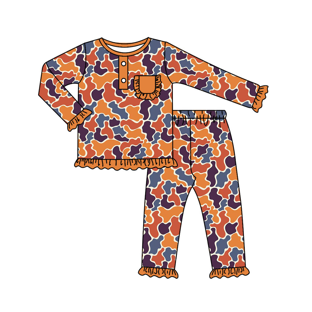 Pre-order Baby Girl Orange Navy Camo Shirt Pants Pajamas Set