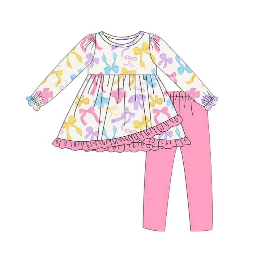 Baby Girl Colorful Bows Ruffle Tunic Pink Legging Set