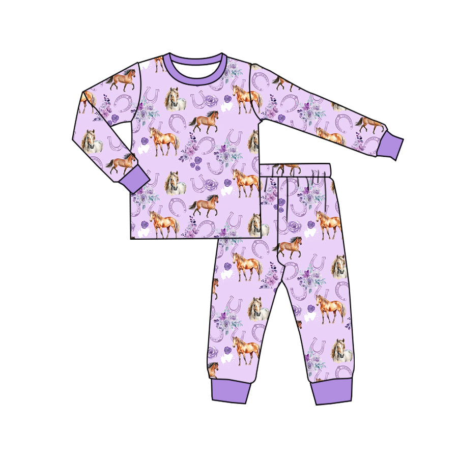 Pre-order Baby Girl Purple Horse Flower Shirt Pants Pajamas Set