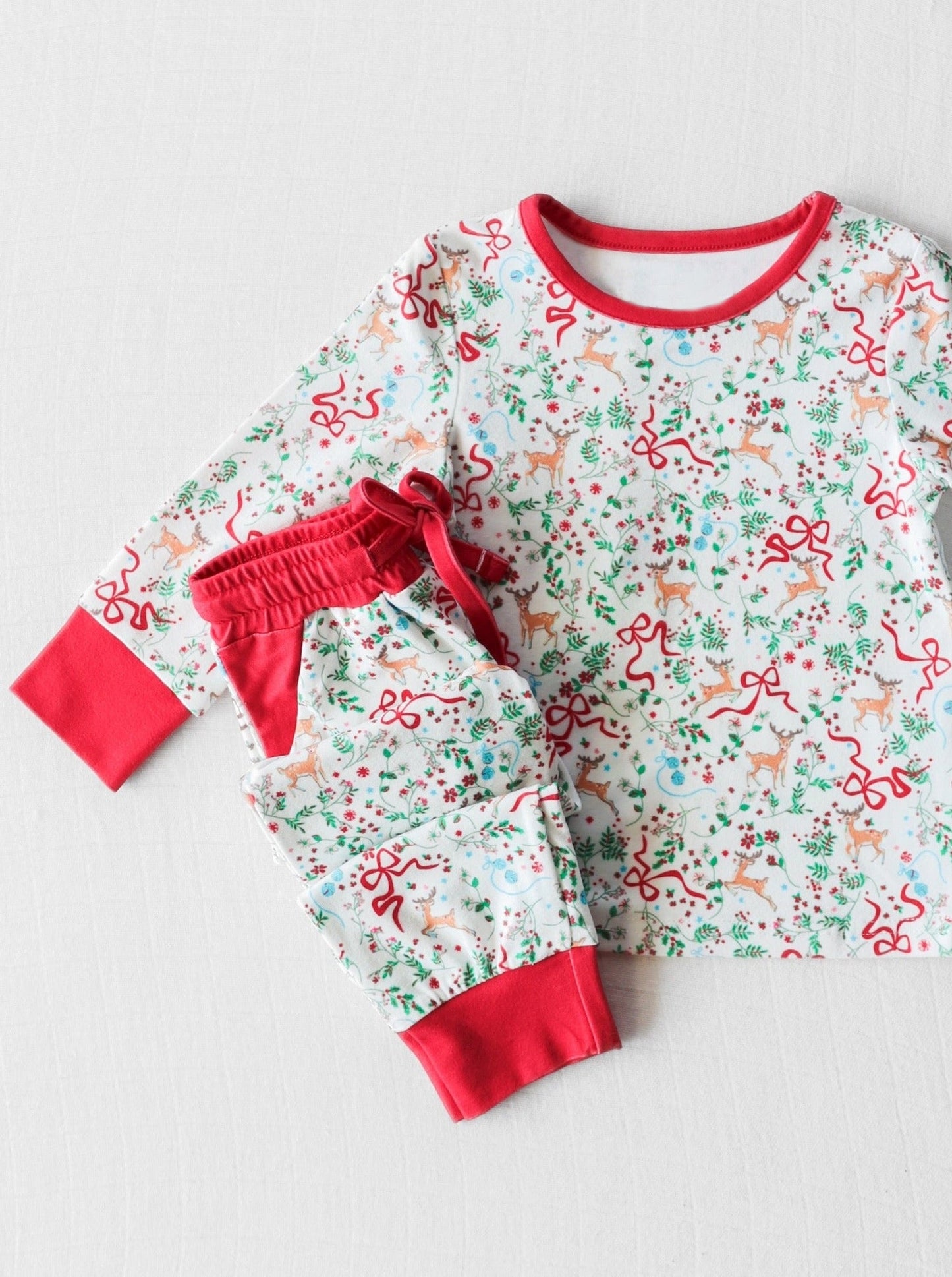 Pre-order Baby Girl Deer Bows Christmas Shirt Pants Pajamas Set