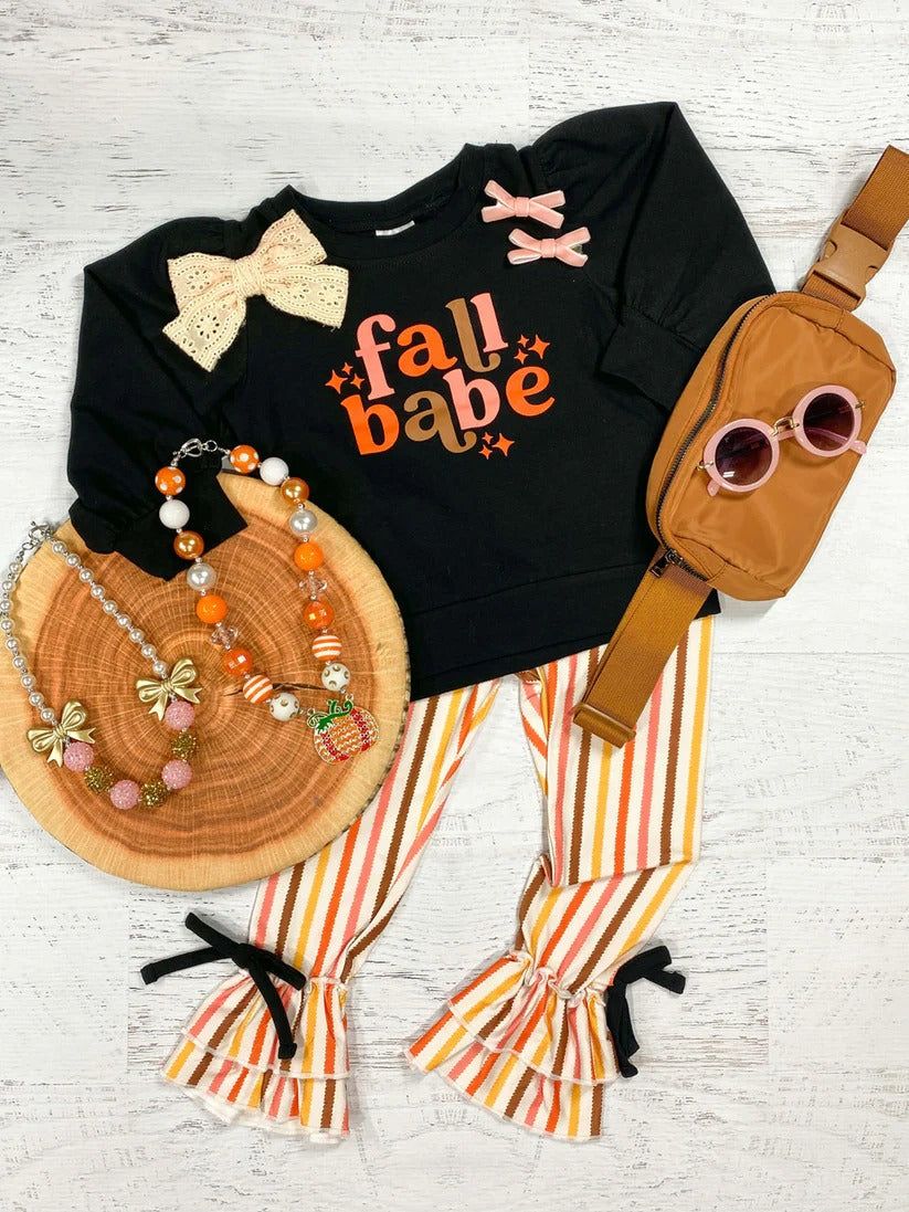 Pre-order Baby Girl Fall Babe Black Shirt Stripes Pants Set