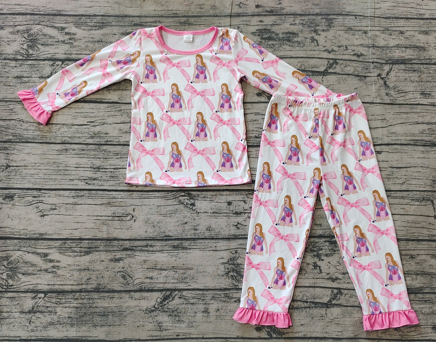 Baby Girl Long Sleeves Bows Singer Pink Shirt Pants Pajamas Bamboo Set