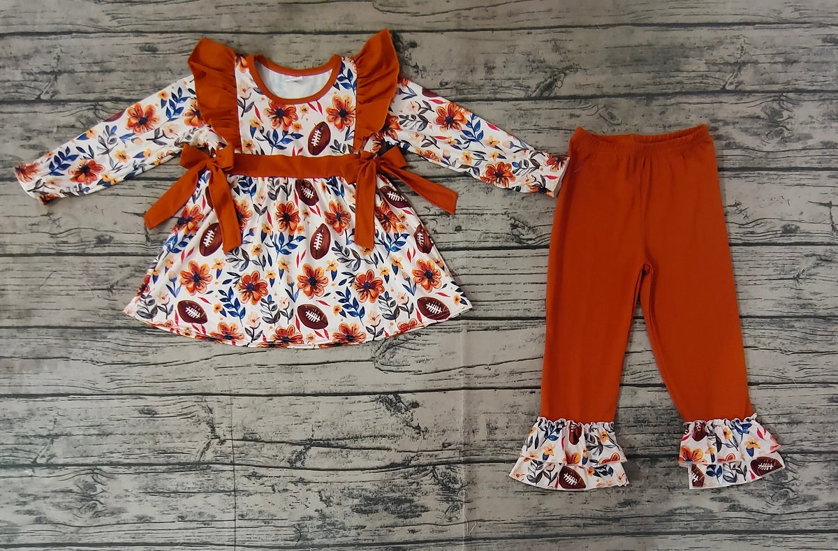 Baby Girl Long Sleeves Fall Football Flower Tunic Ruffle Pants Set