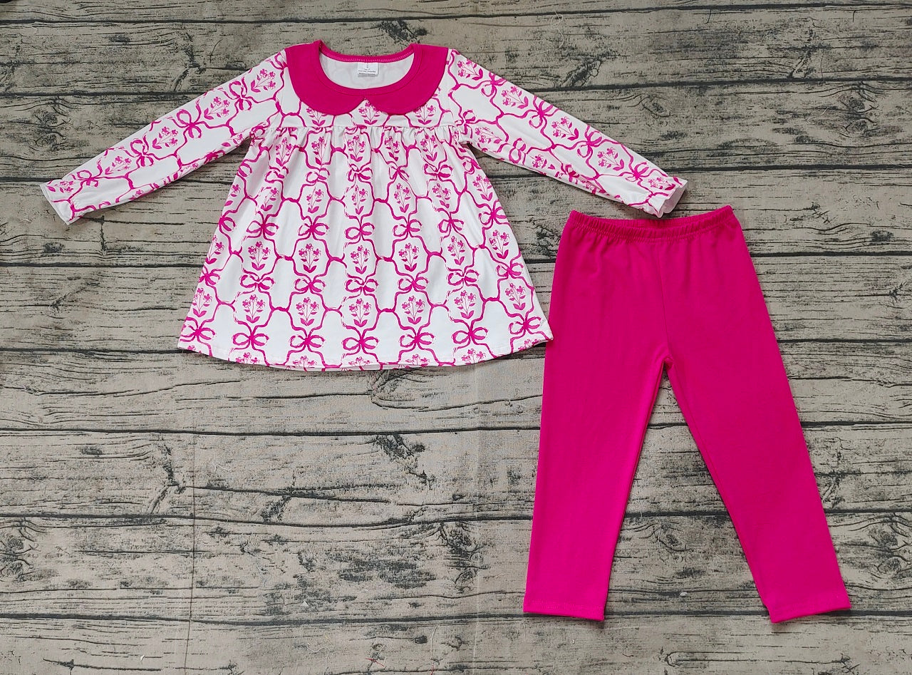 Baby Girl Long Sleeves Pink Bows Flower Tunic Cotton Legging Pants Set