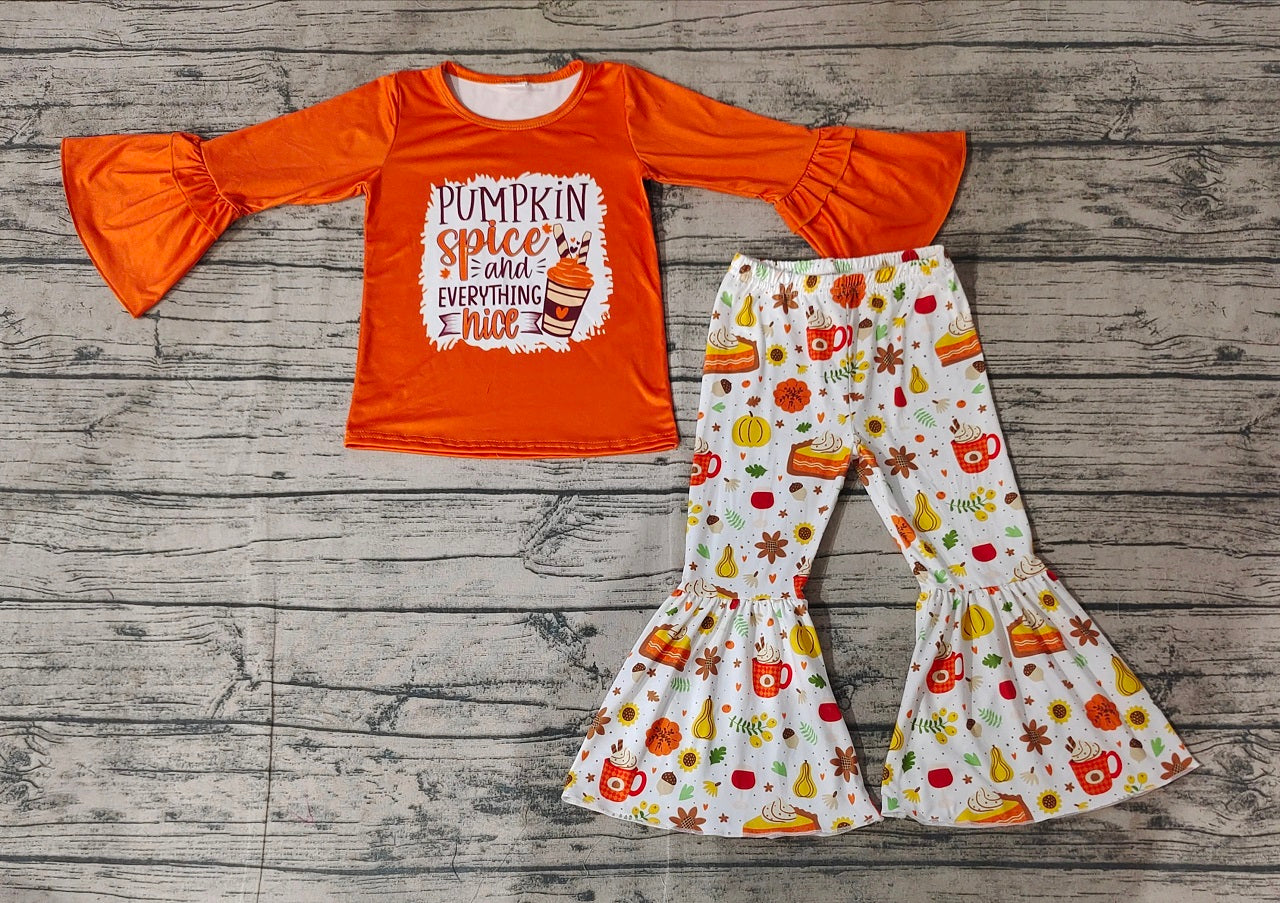 Baby Girl Orange Pumpkin Coffee Cups Tops Bell Pants Set