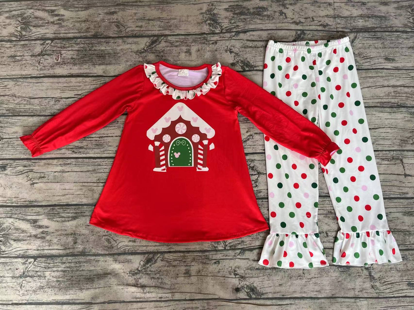 Baby Girl Red Long Sleeves Christmas Cartoon House Tunic Dots Pants Set