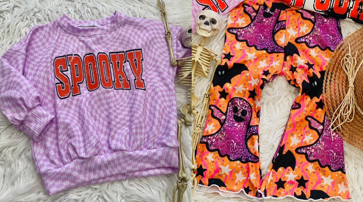 Pre-order Baby Girl Halloween Checkered Spooky Purple Shirt Pants Set
