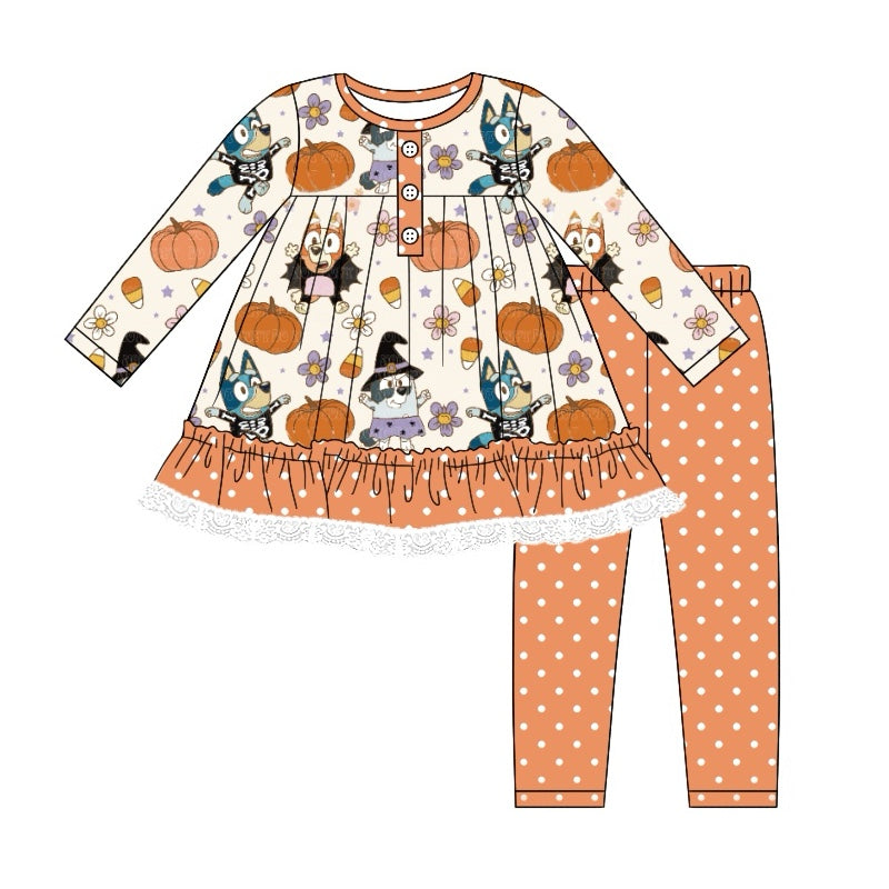 Baby Girl Long Sleeves Halloween Dogs Pumpkin Flower Tunic Legging Set