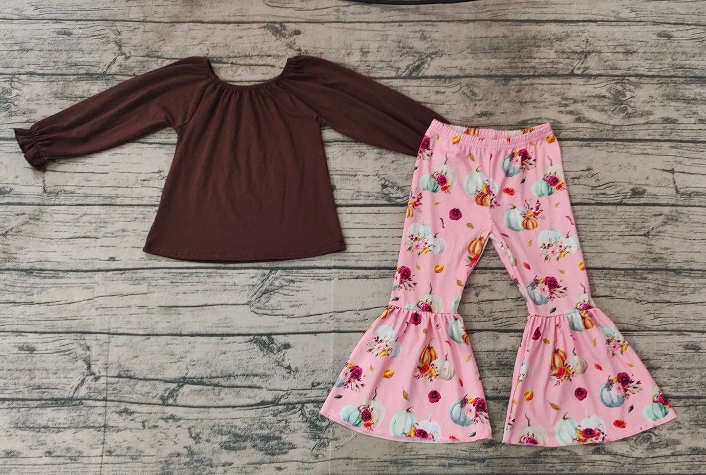 Baby Girl Long Sleeves Brown Cotton Tops Pumpkin Bell Pants Fall Set