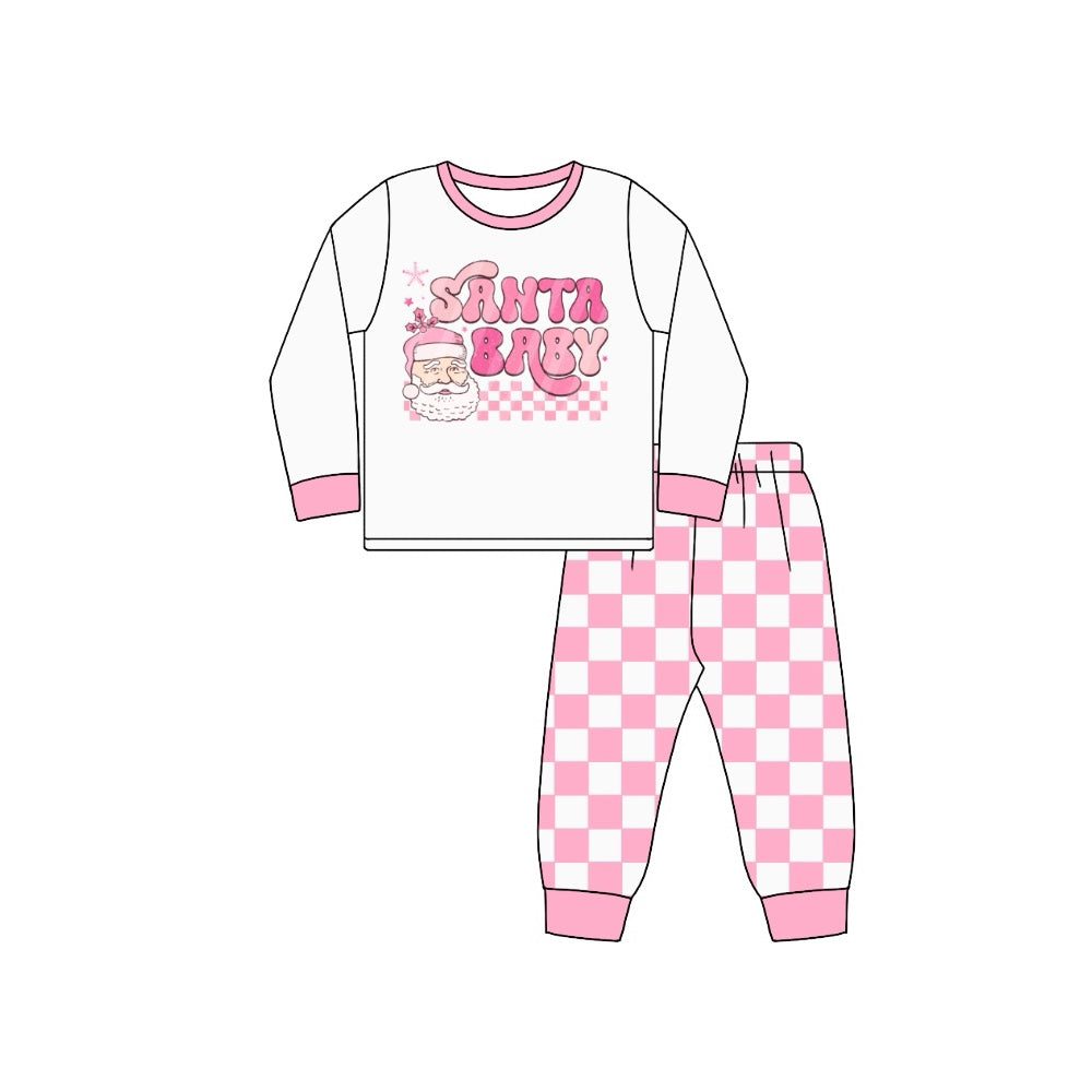 Pre-order Baby Girl Christmas Shirt Pink Checkered Pants Pajamas Set