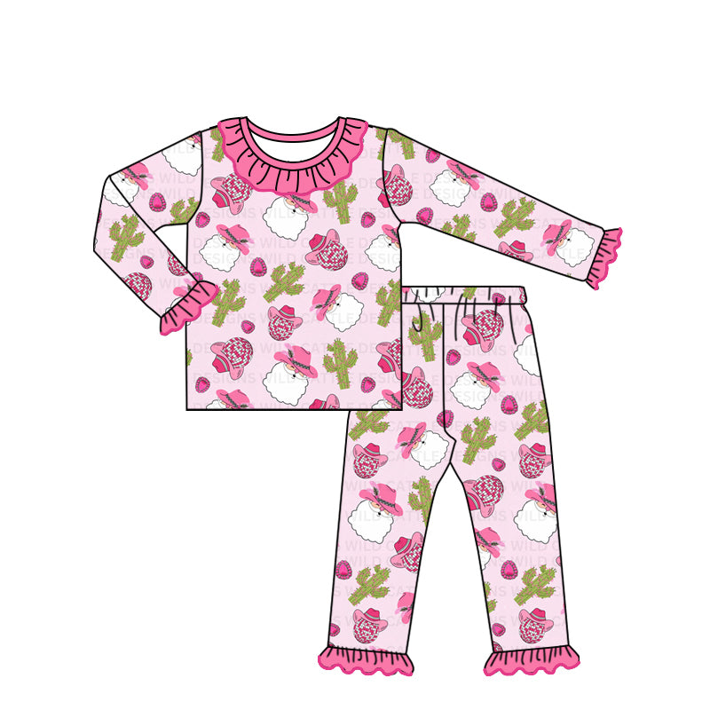 Pre-order Baby Girl Christmas Santa Cactus Western Shirt Pants Pajamas Pink Set