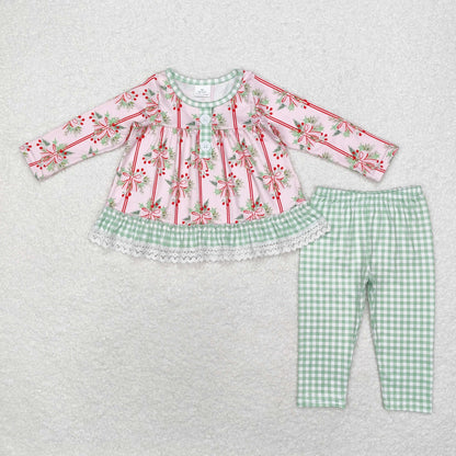 Sibling Baby Girls Long Ruffle Sleeves Santa Trees Bows Tunic Pants Christmas Clothes Sets