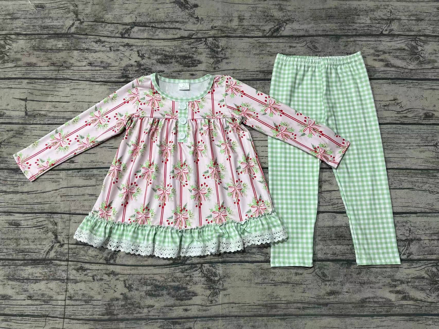 Baby Girl Christmas Holly Bow Tunic Green Legging Set