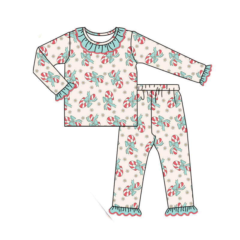Pre-order Baby Girl Christmas Candy Cane Flower Shirt Pants Pajamas Set