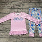 Baby Girl Long Sleeves Pink Jesus Shirt Ruffle Floral Pants Set