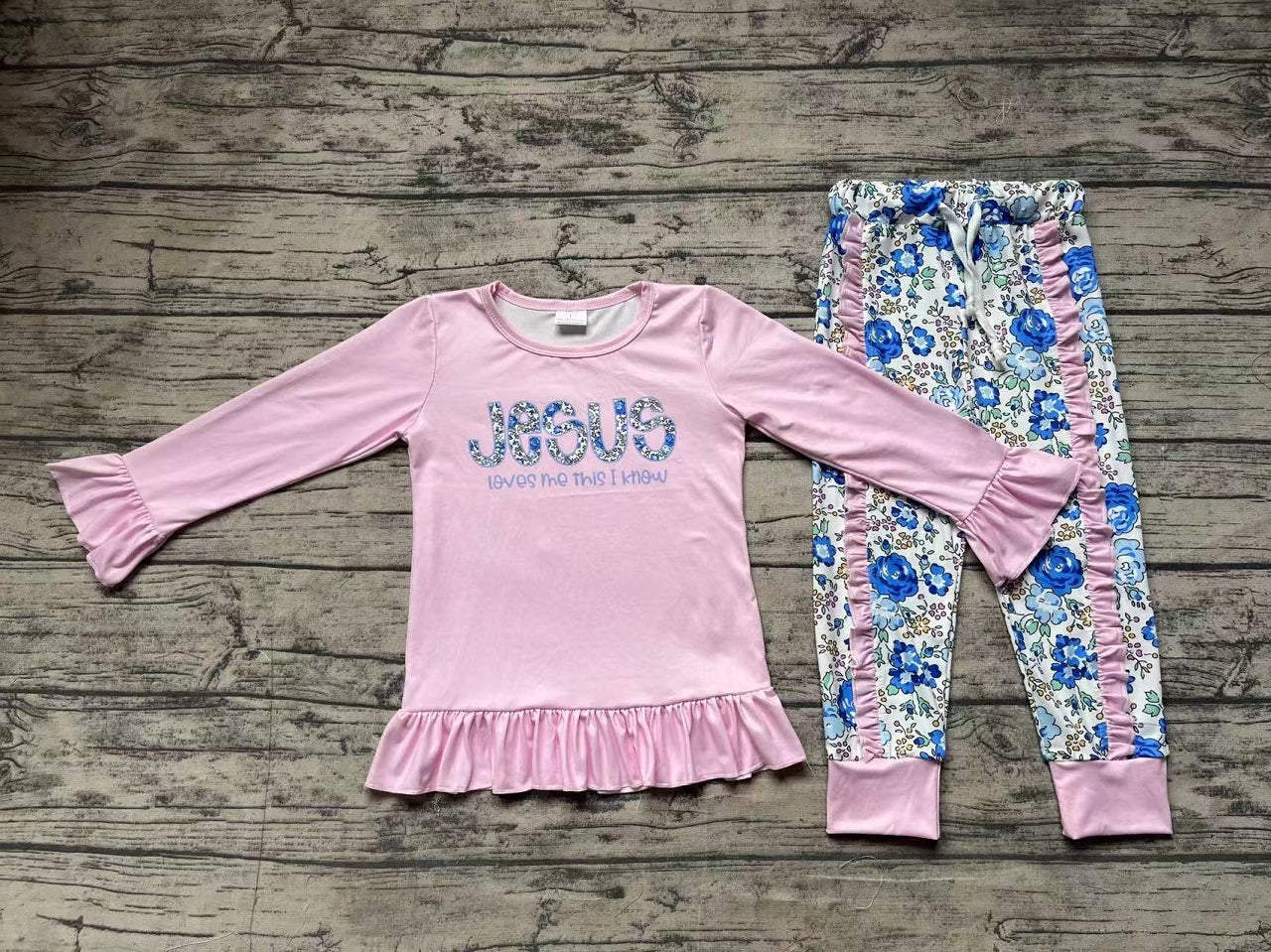 Baby Girl Long Sleeves Pink Jesus Shirt Ruffle Floral Pants Set