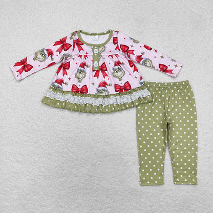 Baby Girl Long Sleeves Christmas Green Face Bows Sibling Romper Clothes Set