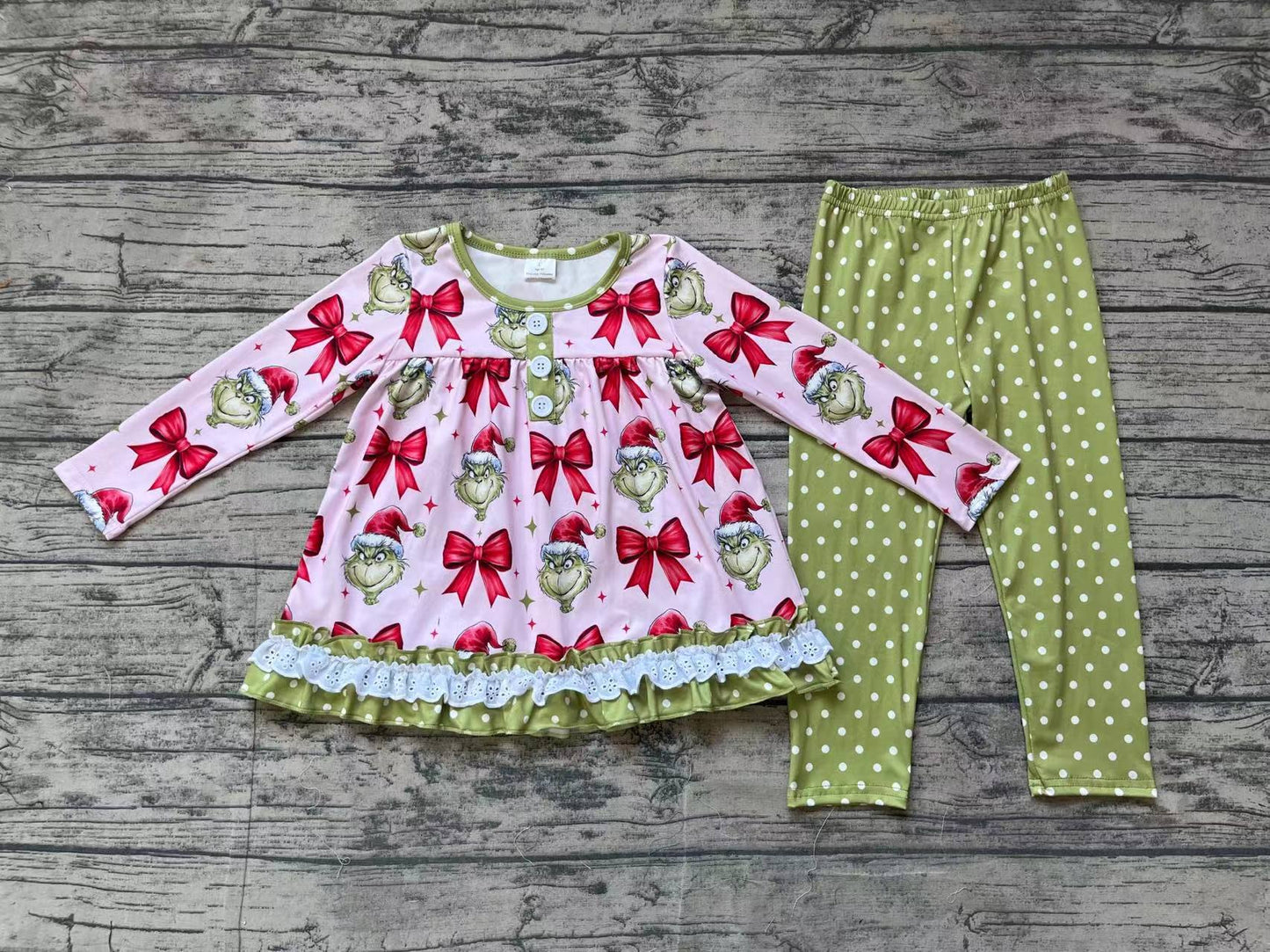 Baby Girl Christmas Green Face Bows Tunic Legging Set