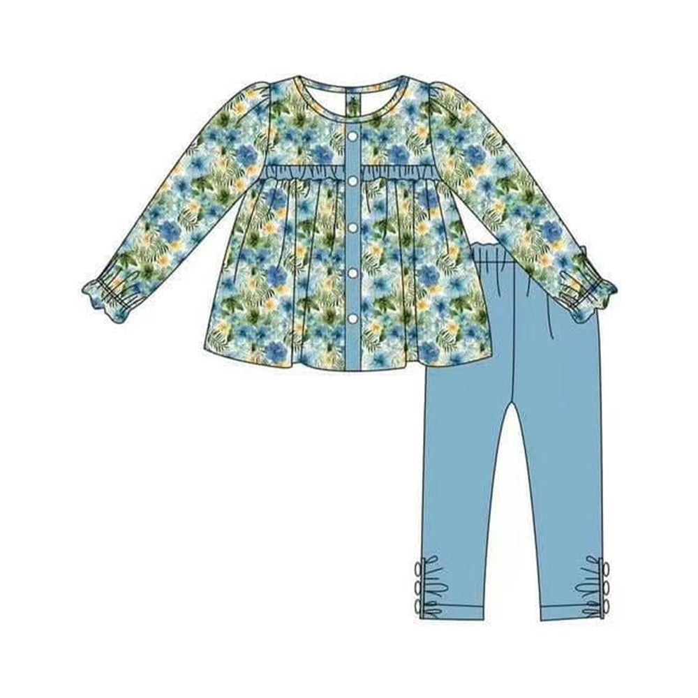 Pre-order Baby Girl Flower Tunic Blue Cotton Pants Set