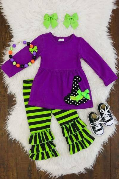 Pre-order Baby Girl Halloween Hat Purple Tunic Stripes Pants Set