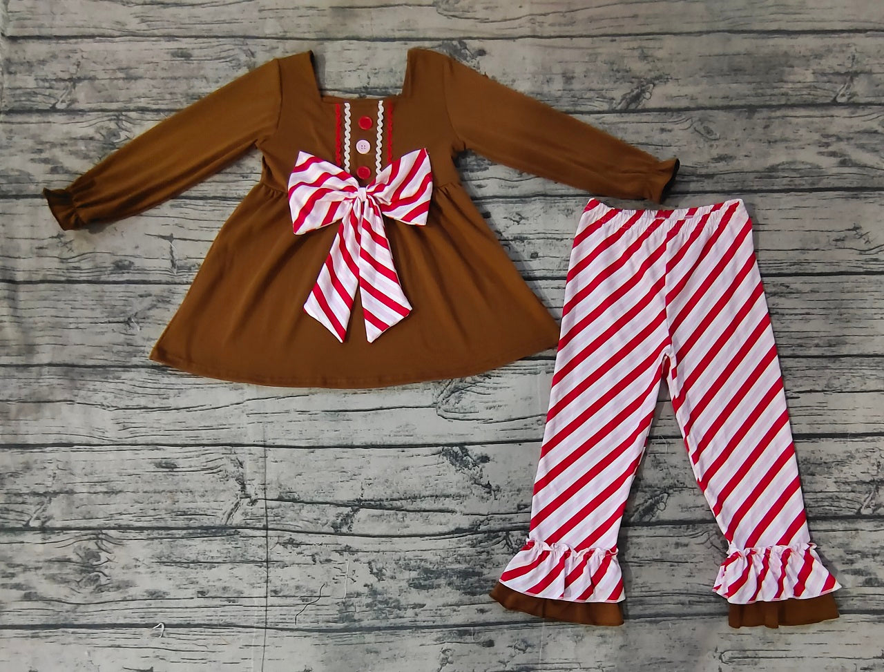 Baby Girl Brown Gingerbread Bow Tunic Stripes Pants Christmas Set